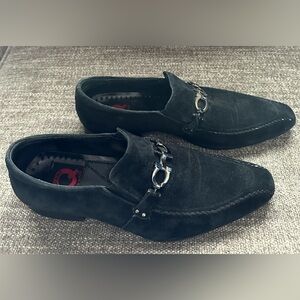 BRAND Q Men’s Size 40 Black Suede Leather Dress Shoes Loafers Silver Buc…